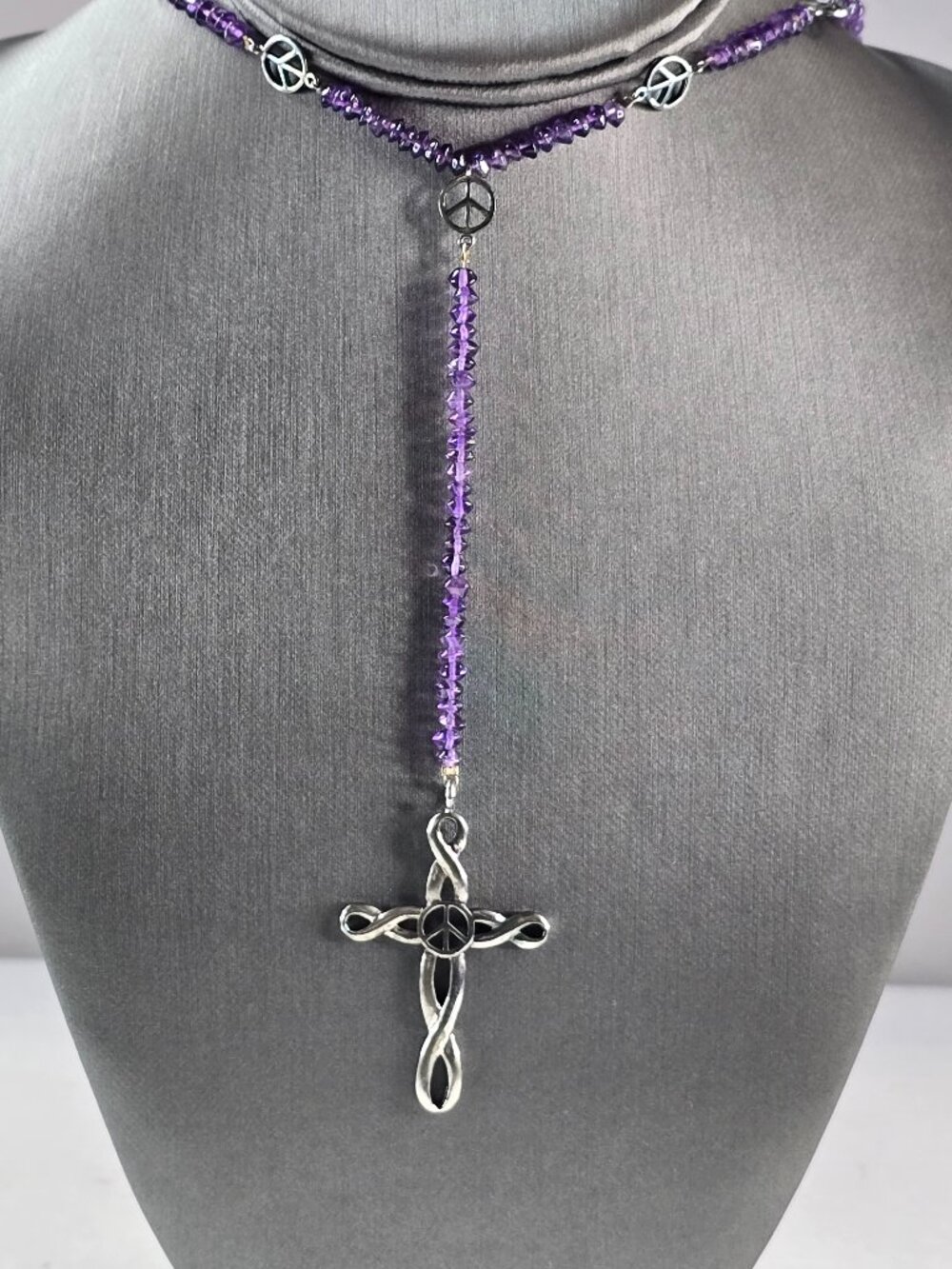 Womens Sterling Silver Beaded Amethyst Cross Pendant w/ Peace Sign 19.4g E3029